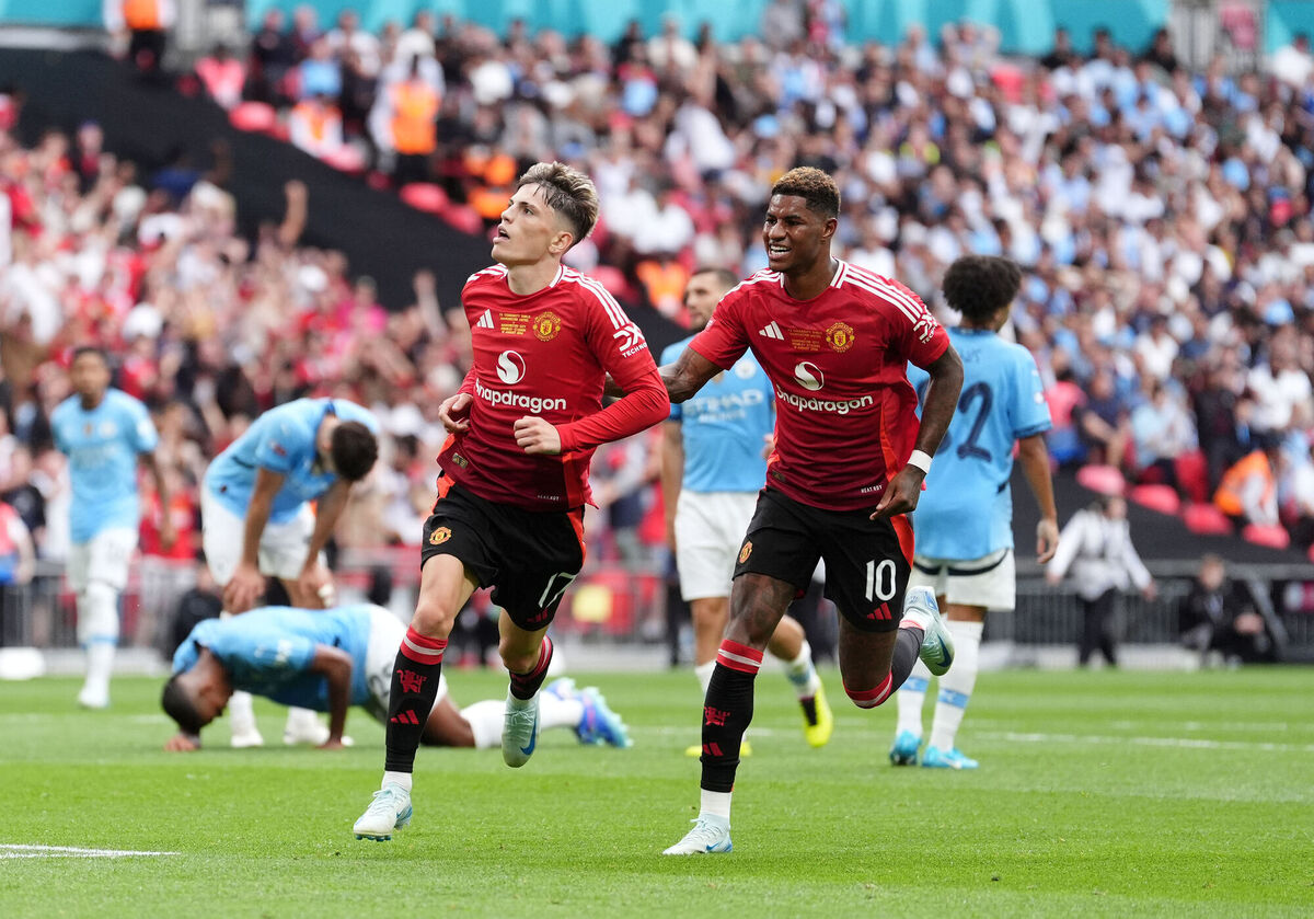 Manchester United's Alejandro Garnacho (left) celebrates scoring his goalin last weekend's  FA Community Shield match at Wembley Stadium, London. Picture: Adam Davy/PA Wire.