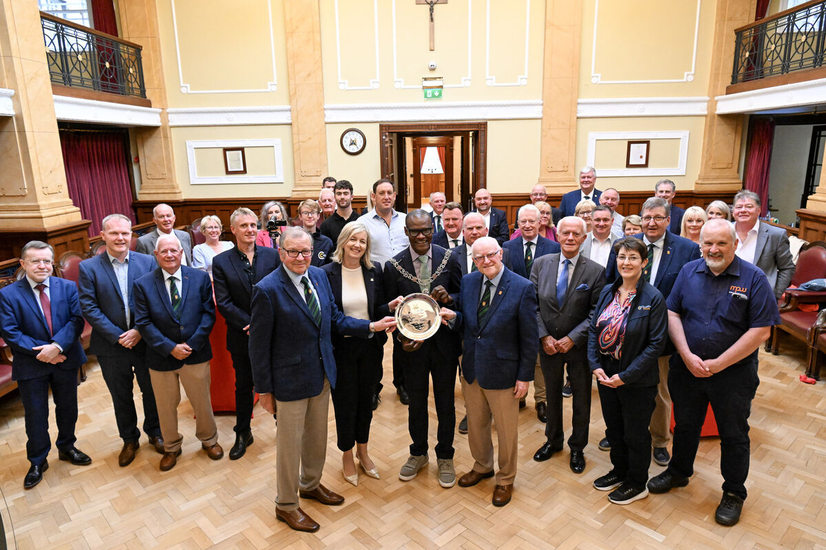Pictured at the reception the Deputy Lord Mayor of Cork, Cllr. Honore Kamegni and Rebecca Loughrey, Director of Community, Culture and Placemaking, Cork City Council making a presentation to Tony O'Connell, chairman and Frank Wally, president of Cork City Sports and organising committee o mark the occasion of their 70th anniversary. Pic: Brian Lougheed