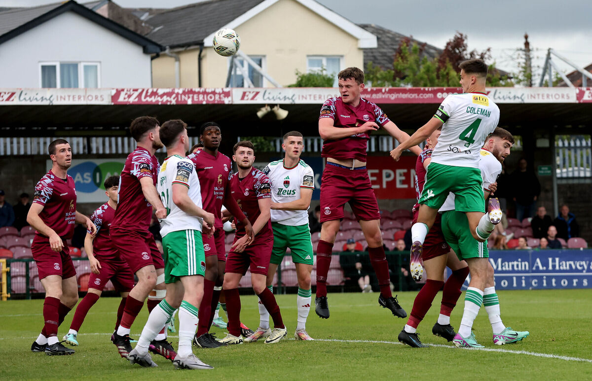  Cian Coleman, Cork City, gets his head to the ball to score the first goal under pressure from Dean Larkin, Cobh Ramblers, in the recent derby. Picture: Jim Coughlan.