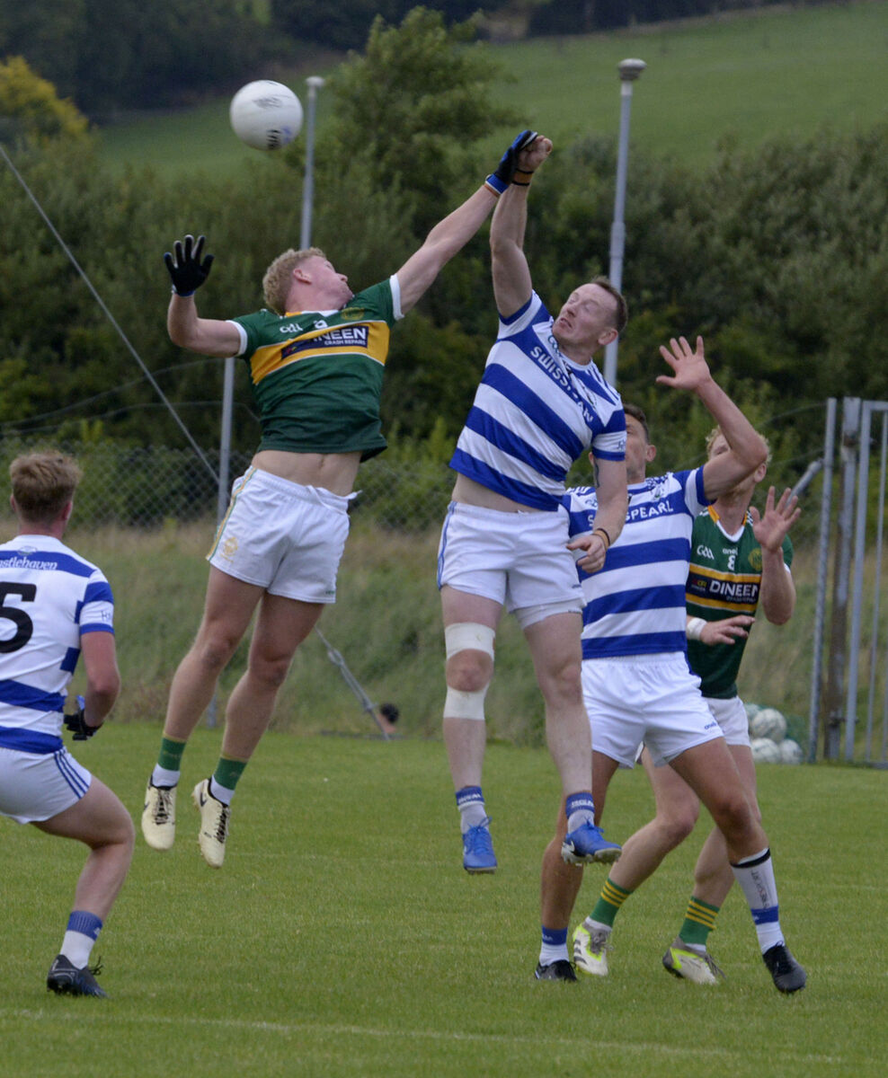 St Michael's Rory O'Shaugnessy and Castlehaven's Damien Cahalane jump for the ball. Picture: Denis Boyle St Michael's Rory O'Shaugnessy and Castlehaven's Damien Cahalane jump for the ball. Picture: Denis Boyle