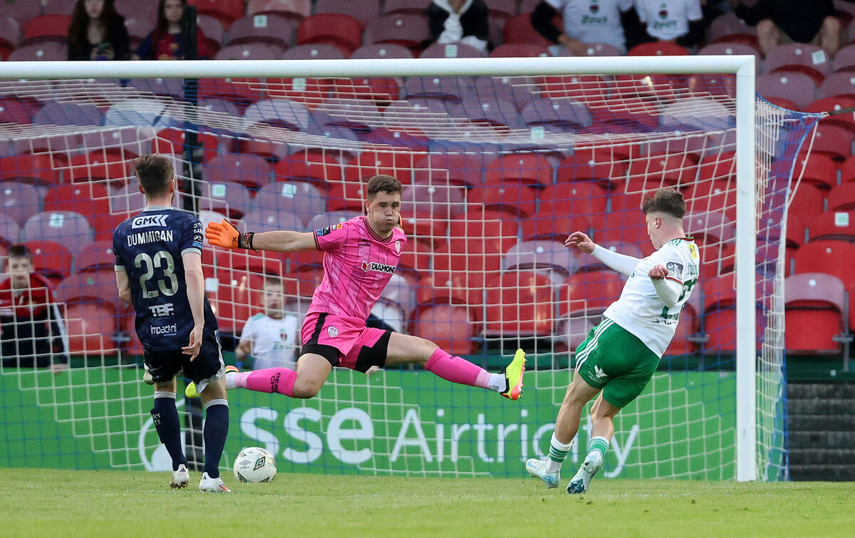 Derry's Brian Maher is unable to stop a goal by Cathal O'Sullivan of Cork City that was disallowed. Picture: INPHO/Bryan Keane