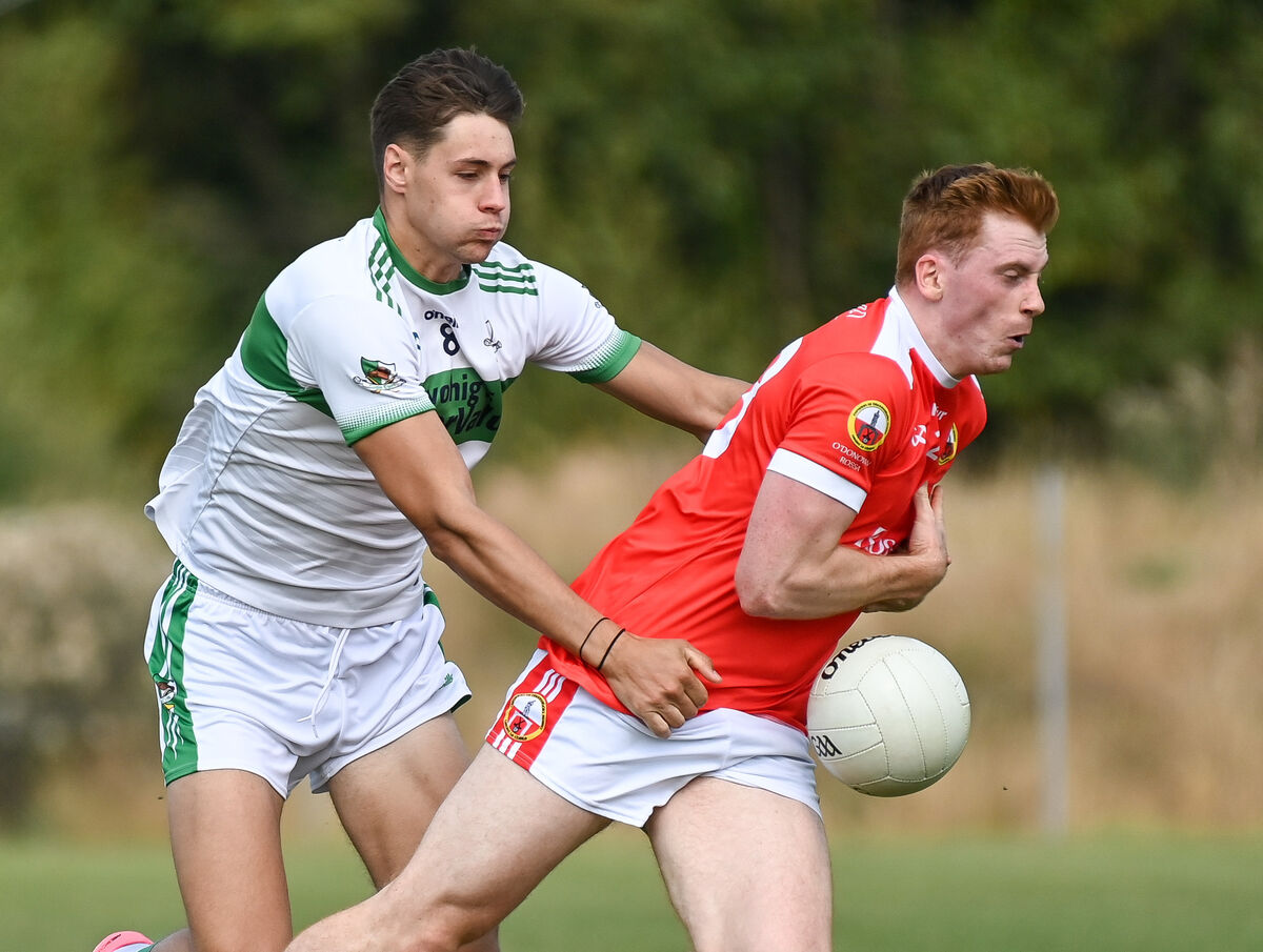 O'Donovan Rossa's Kevin Hurley and Kanturk's Alan Walsh, battle for possession during their Senior AFC clash in Kilmichael. Picture: David Keane. O'Donovan Rossa's Kevin Hurley and Kanturk's Alan Walsh, battle for possession during their Senior AFC clash in Kilmichael. Picture: David Keane.