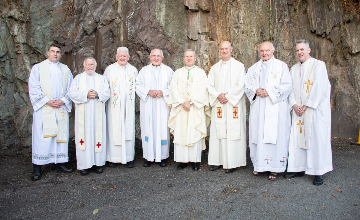 Concelebrants Fr Marius O'Reilly, Fr Ken Cooney SMA, Fr Cian O'Sullivan, Fr Kerry Murphy O'Connor, Bishop Fintan Galvin, Fr Sean O'Sullivan, Fr Aidan Vaughan and Fr Declan Mansfield pictured prior to celebrating Mass at the Lady of the Rosary Shrine along Lee Road. Picture: Howard Crowdy. Concelebrants Fr Marius O'Reilly, Fr Ken Cooney SMA, Fr Cian O'Sullivan, Fr Kerry Murphy O'Connor, Bishop Fintan Galvin, Fr Sean O'Sullivan, Fr Aidan Vaughan and Fr Declan Mansfield pictured prior to celebrating Mass at the Lady of the Rosary Shrine along Lee Road. Picture: Howard Crowdy.