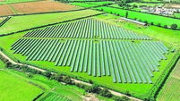 Aerial view of solar panels on green field at suburb in sunny day