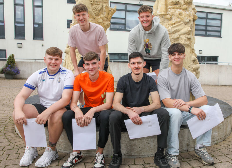 (back row) James Kelleher and Finn O'Brien, (front) Lee Butler, Sid O'Herlihy, Gerry Fitzgearld and Ross O'Donovan who received their Leaving Cert results at Glanmire Community College, Co Cork. - Picture: David Creedon