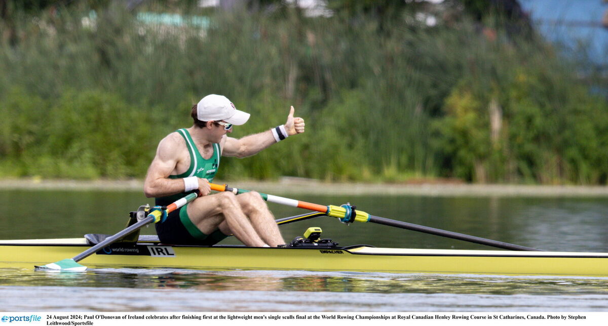 Paul O'Donovan of Ireland celebrates after finishing first at Royal Canadian Henley Rowing Course in St Catharines, Canada. Photo by Stephen Leithwood/Sportsfile