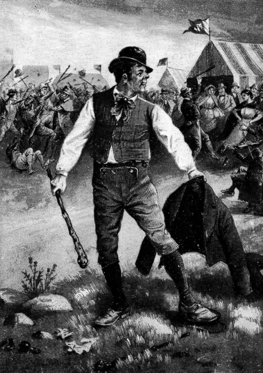 FIGHTING IRISH: An illustration of a 19th century Irish faction fight, with a combatant wielding a shillelagh - made of willow or blackthorn FIGHTING IRISH: An illustration of a 19th century Irish faction fight, with a combatant wielding a shillelagh - made of willow or blackthorn