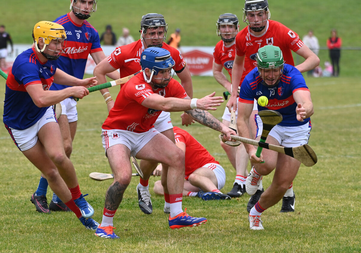 Erin's Own's Robbie O'Flynn and Charleville's Darren Cotter tussle for the sliothar. Picture: Eddie O'Hare Erin's Own's Robbie O'Flynn and Charleville's Darren Cotter tussle for the sliothar. Picture: Eddie O'Hare