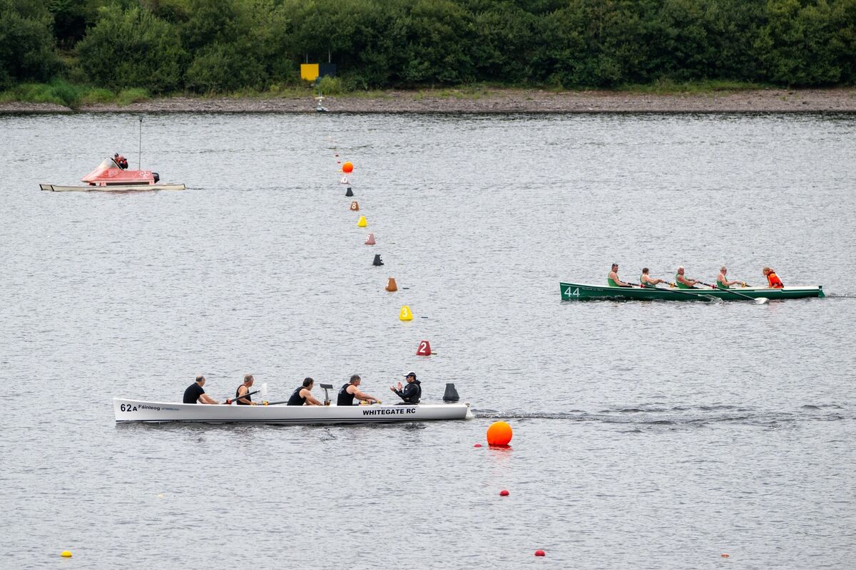 Whitegate's masters men cross the line to clinch the gold from Passage West at the Irish Coastal Rowing Championships. Picture: Chani Anderson