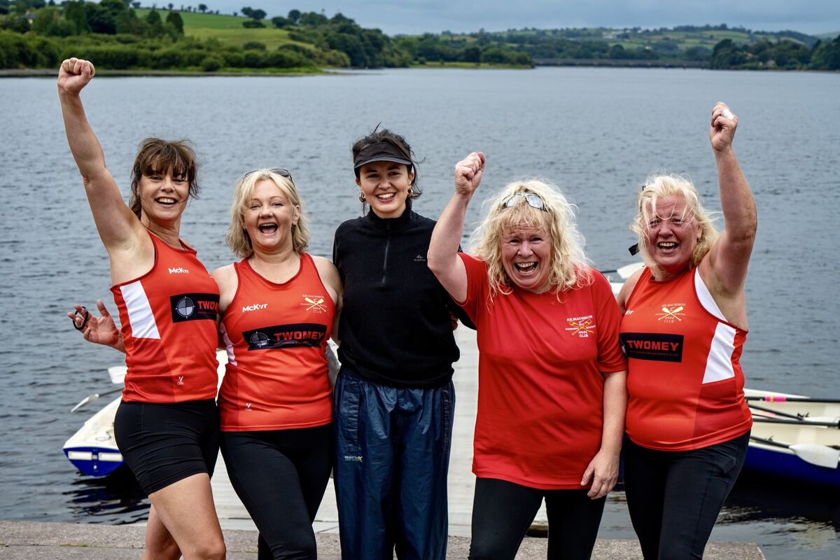 Yippee! Jean Humphreys, Ailish Murphy, Freya Dunne, Sheila Creen and Catherine Curtin, from Kilmacsimon Rowing Club, were delighted at the finishing line of the masters women’s race at the Irish Coastal Rowing Championships held at the National Rowing Centre in Farran, County Cork. Picture: Chani Anderson