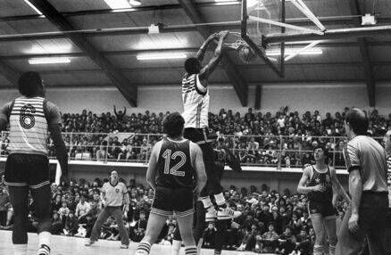 Ray Smith slam dunks the basketball in the National Cup quarter-Final between Burgerland and Jameson in the first match played at Neptune Stadium.