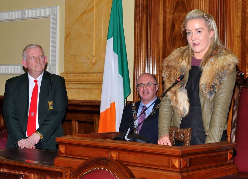 Christina Desmond speaking at a reception in her honour in Cork City Hall in 2017. Included are then Lord Mayor Cllr Joe Kavanagh and Michael O’Brien of the Cork County Boxing Board. Picture: Doug Minihane Christina Desmond speaking at a reception in her honour in Cork City Hall in 2017. Included are then Lord Mayor Cllr Joe Kavanagh and Michael O’Brien of the Cork County Boxing Board. Picture: Doug Minihane