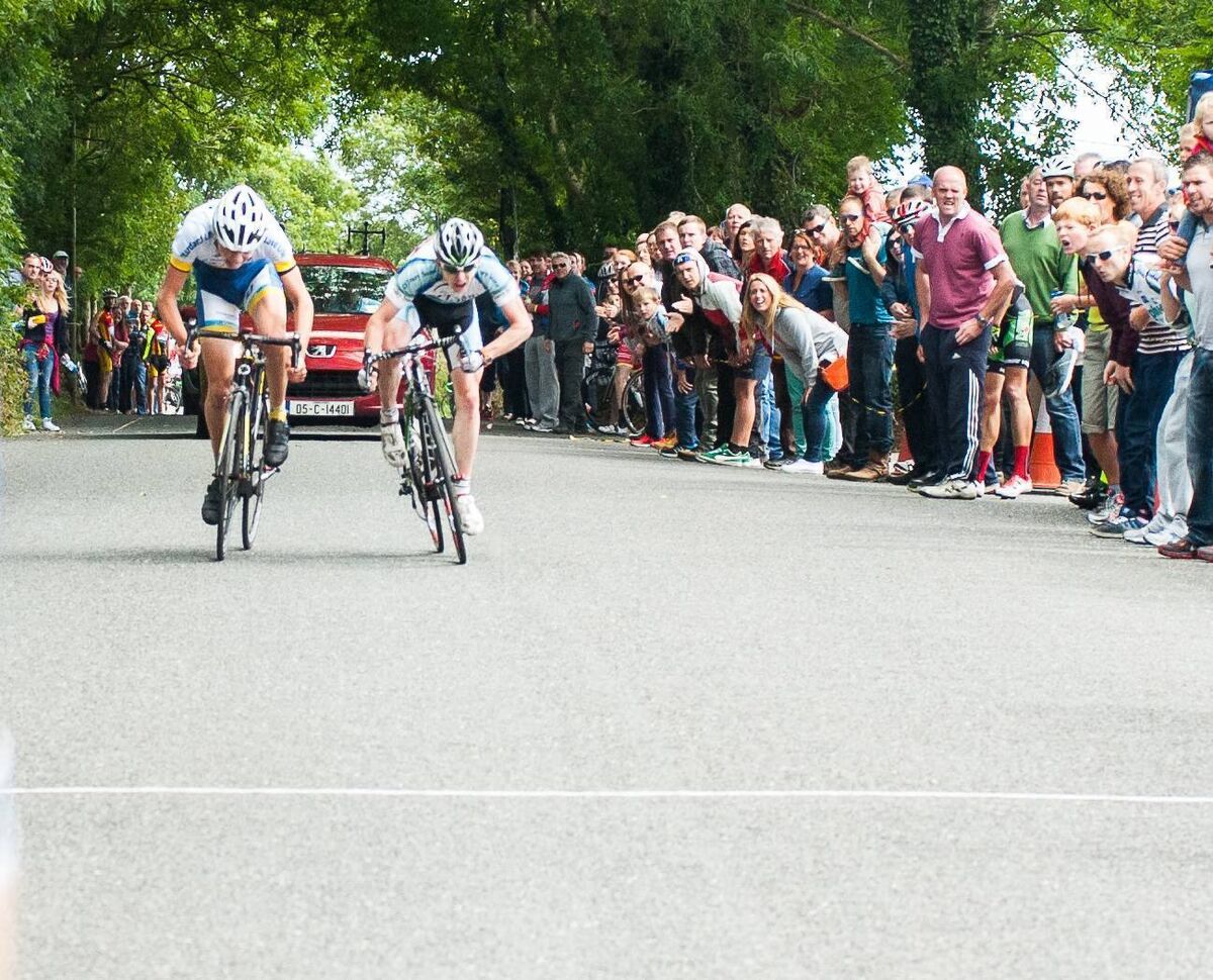 Eddie Dunbar of O'Leary Stone Kanturk CC just edges Michael O'Loughlin (Nicolas Roche Performance Team) to the line in the National Junior Road Race Championships in Blarney in 2014. Picture: John Coleman Eddie Dunbar of O'Leary Stone Kanturk CC just edges Michael O'Loughlin (Nicolas Roche Performance Team) to the line in the National Junior Road Race Championships in Blarney in 2014. Picture: John Coleman