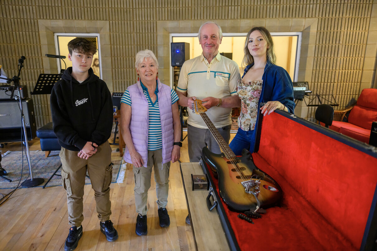 Eva MacCarthy, Anne Scannell Dineen, Tadhg Kelleher, singer and model Xaria Rose at the Sulán Studio, Baile Bhuirne. They are standing next to Fender Stratocaster that Rory Gallagher used to play. Picture Dan Linehan Eva MacCarthy, Anne Scannell Dineen, Tadhg Kelleher, singer and model Xaria Rose at the Sulán Studio, Baile Bhuirne. They are standing next to Fender Stratocaster that Rory Gallagher used to play. Picture Dan Linehan