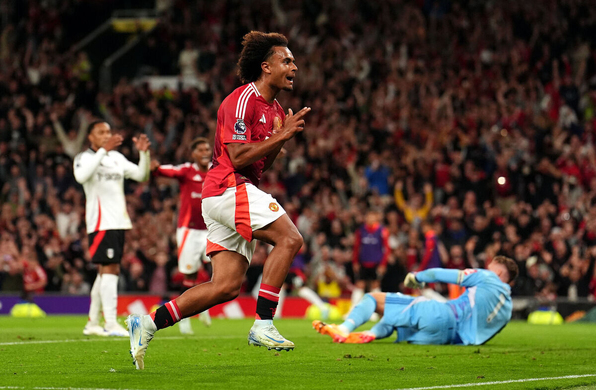 Manchester United's Joshua Zirkzee celebrates scoring their side's winning goal during the Premier League match at Old Trafford, Manchester. Picture: Martin Rickett/PA Wire.