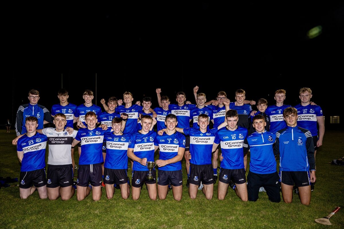 The Sarsfield team lift the cup following their victory against Midleton at the Rebel Óg Premier 1 U16 Hurling League final. Picture: Chani Anderson