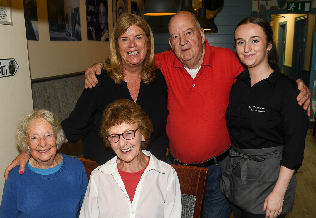 Lynda Corigliano, back left, owner of the La Trattoria restaurant in Midleton, which is closing after fifty years in business, along with staff member Lauryn Costigan and regular customers Pa Coakley, Ita Horgan and Ann Tobin.Picture: David Keane. Lynda Corigliano, back left, owner of the La Trattoria restaurant in Midleton, which is closing after fifty years in business, along with staff member Lauryn Costigan and regular customers Pa Coakley, Ita Horgan and Ann Tobin.Picture: David Keane.