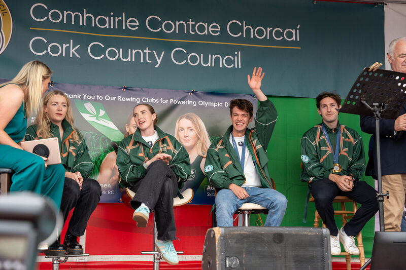 Paul O'Donovan, Fintan McCarthy, Emily Hegarty and Aoife Casey during the Olympic homecoming event in Skibbereen in Co. Cork. Picture: Noel Sweeney/PA Wire