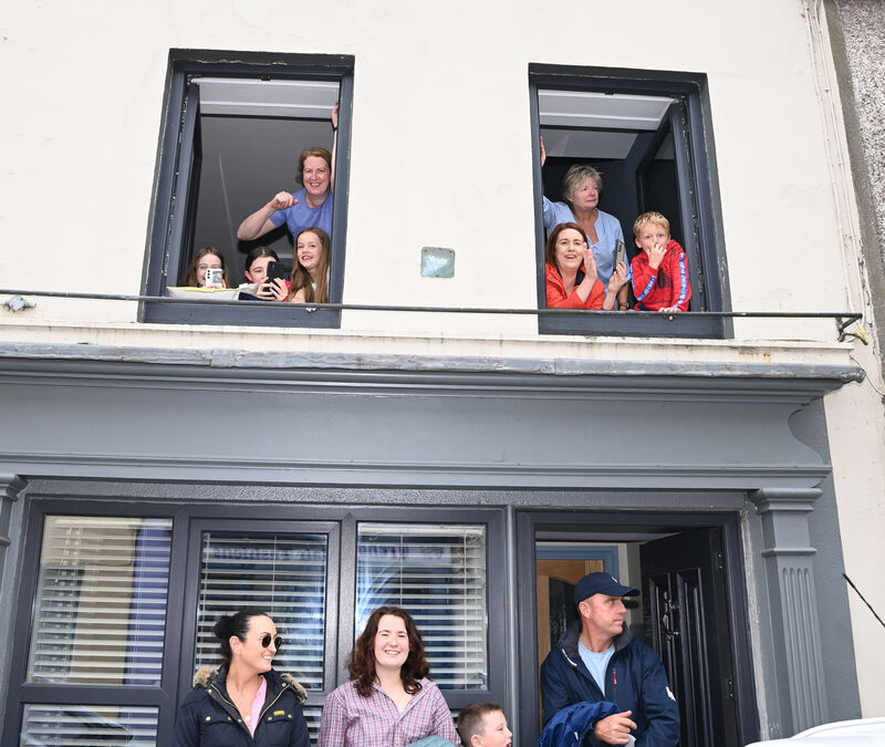 All vantage points taken to welcome Irish Olympic rowers Paul O'Donovan, Fintan McCarthy, Aoife Casey and Emily Hegarty from Skibbereen back to the town on Sunday. Picture: Eddie O'Hare