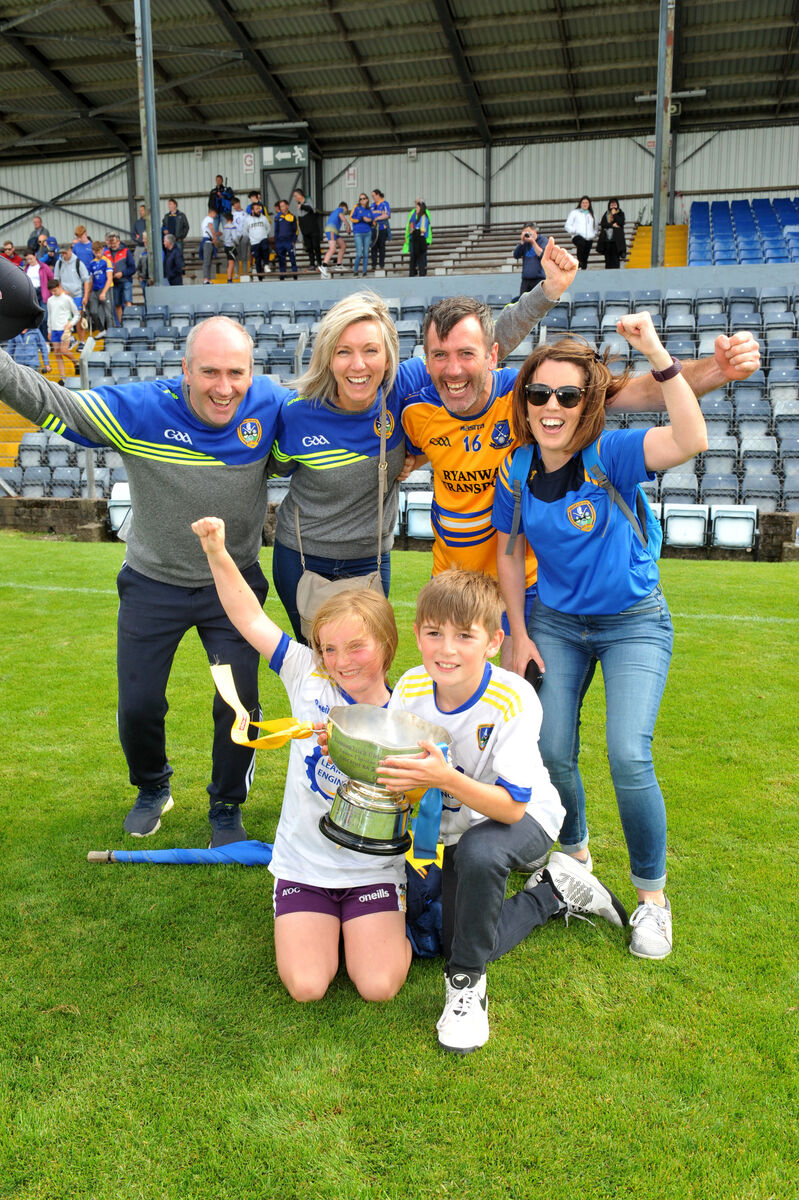 Lisgoold manager Mossie O'Connell (second from left at back) celebrates Lisgoold's 2020 Co-op SuperStores JAHC final win over Harbour Rovers with, from left, his brother Jerry, wife Aishling, sister Ca and children Aoife and Cian. Mossie was also sub goalkeeper while Jerry and Ca provided statistical analysis for the team. Picture: Larry Cummins