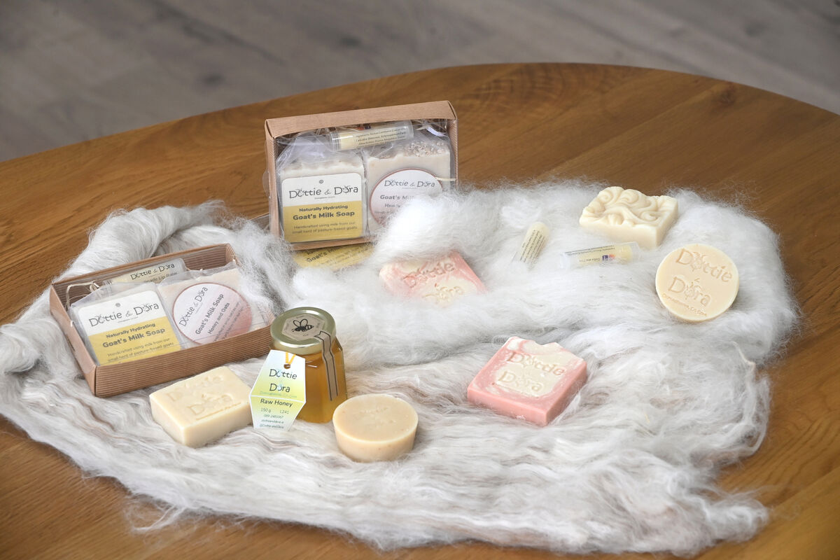 Dottie & Dora goat's milk and honey products displayed on alpaca and mohair wool from the small goat herd and beehives at Donoughmore, Co Cork. Pic Larry Cummins Dottie & Dora goat's milk and honey products displayed on alpaca and mohair wool from the small goat herd and beehives at Donoughmore, Co Cork. Pic Larry Cummins