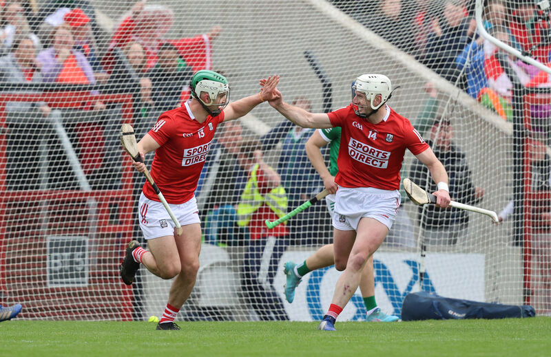 Cork’s Shane Kingston celebrates scoring a goal with Patrick Horgan in the Páirc in 2022. Picture: INPHO/Bryan Keane