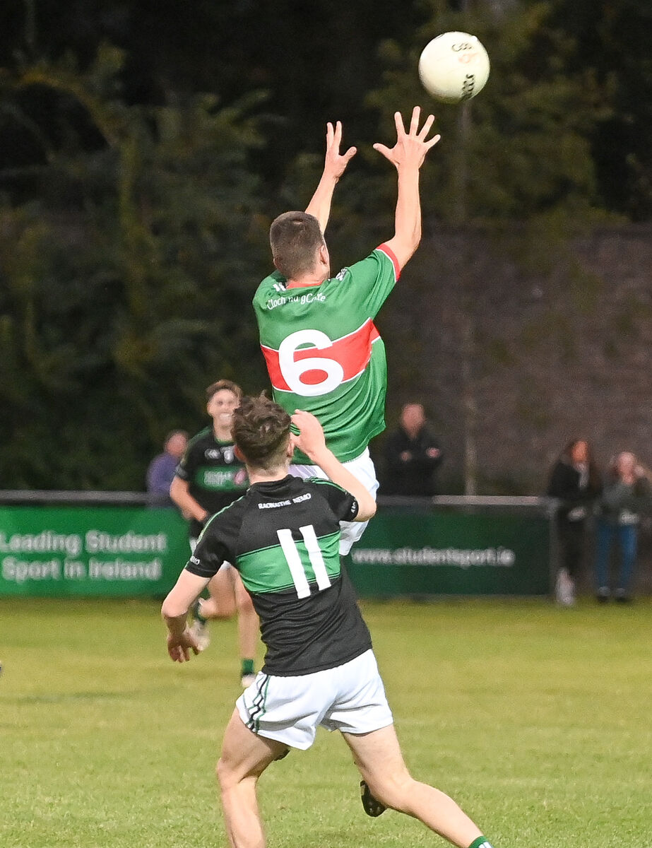 Clonakilty's Ben Coffey goes high to win possession ahead of Nemo Rangers' Rory Denn, during the Rebel Og Premier 2 U16 Football League final, at The Mardyke. Picture: David Keane. Clonakilty's Ben Coffey goes high to win possession ahead of Nemo Rangers' Rory Denn, during the Rebel Og Premier 2 U16 Football League final, at The Mardyke. Picture: David Keane.