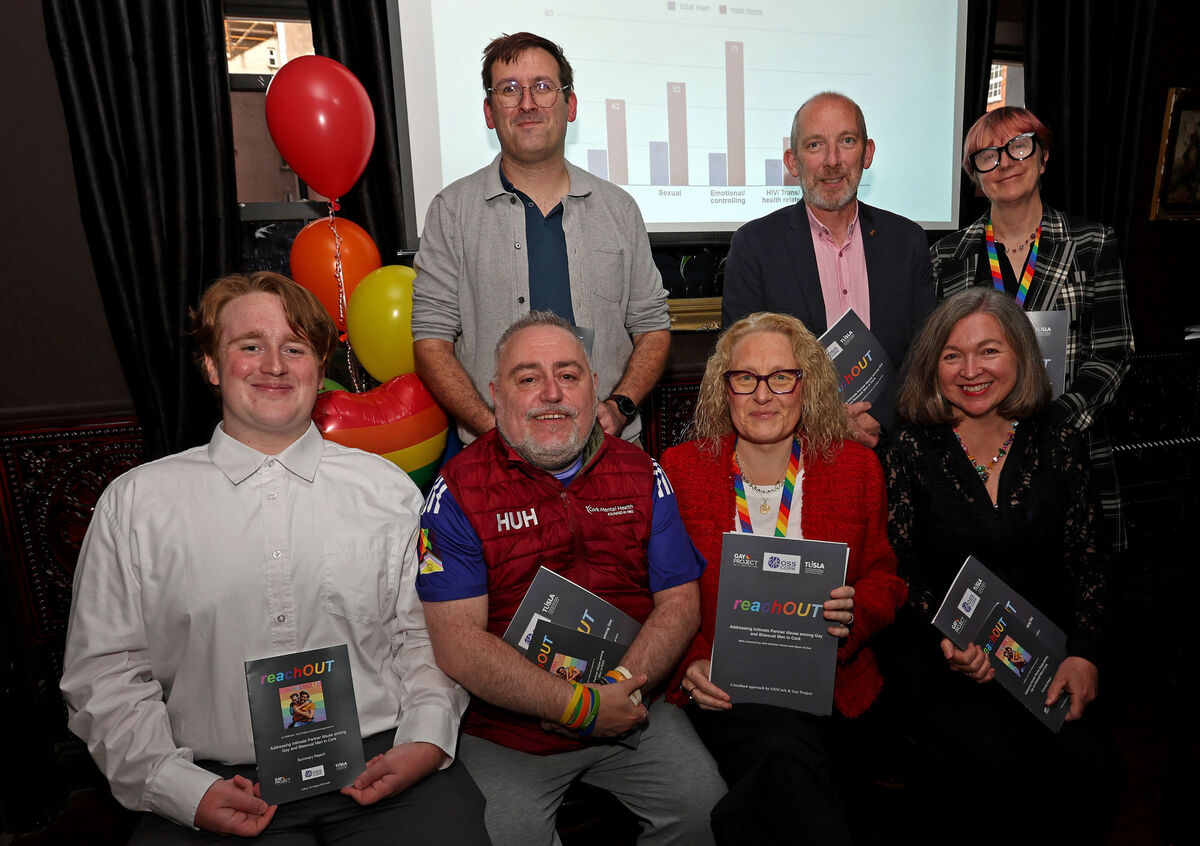 Stephen Spillane, Gay Project, John Buttimer, Chairperson Gay Project, Josephine O'Halloran, Chairperson OSS Cork, (front row) Nathan Kelleher, Gay Project, Carl Keegan, Gay Project, Deborah O'Flynn, Manager OSS Cork, Dr. Angela O'Connell, report author. Picture: Jim Coughlan.