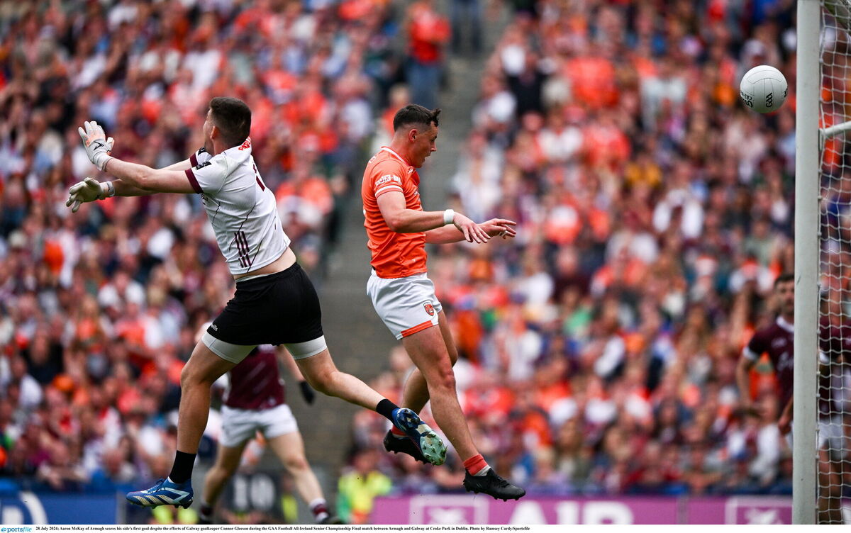 Armagh full-back Aaron McKay scores the match-winning goal against Galway at Croke Park. Picture: Ramsey Cardy/Sportsfile