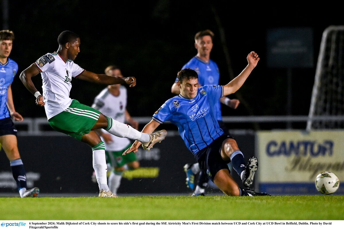 Malik Dijksteel of Cork City shoots to score his side's first goal during the SSE Airtricity Men's First Division match against UCD in Belfield, Dublin. Picture: David Fitzgerald/Sportsfile
