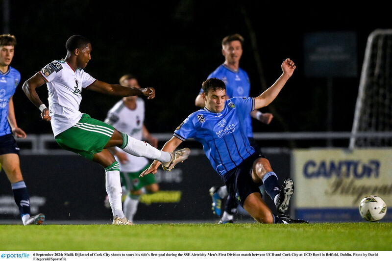 Malik Dijksteel of Cork City shoots to score his side's first goal during the SSE Airtricity Men's First Division match against UCD in Belfield, Dublin. Picture: David Fitzgerald/Sportsfile Malik Dijksteel of Cork City shoots to score his side's first goal during the SSE Airtricity Men's First Division match against UCD in Belfield, Dublin. Picture: David Fitzgerald/Sportsfile