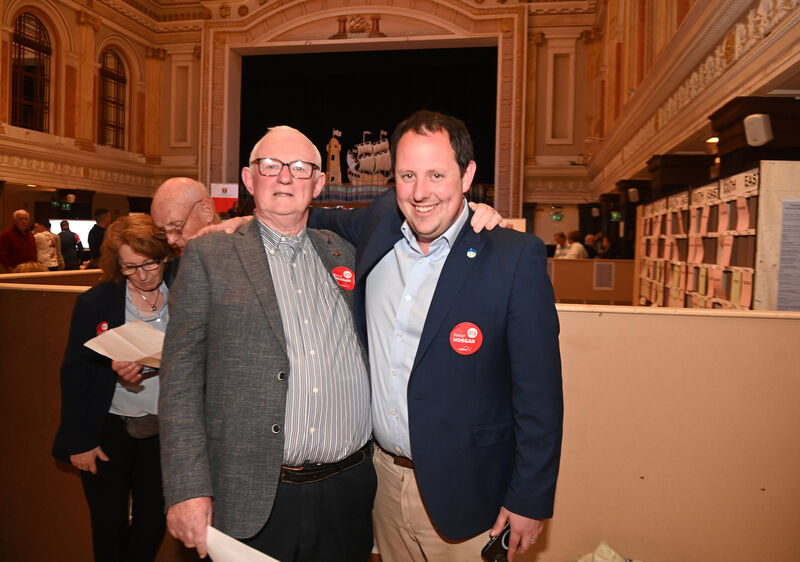 Labour Party members Finbarr O’Sullivan, and Peter Horgan at the local election count at City Hall last June. Picture: Larry Cummins.