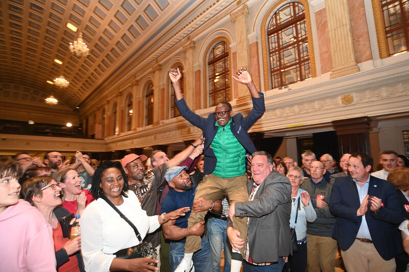 Honore Kamegni, Green Party, celebrates his election at the local election count centre at City Hall. Picture: Larry Cummins