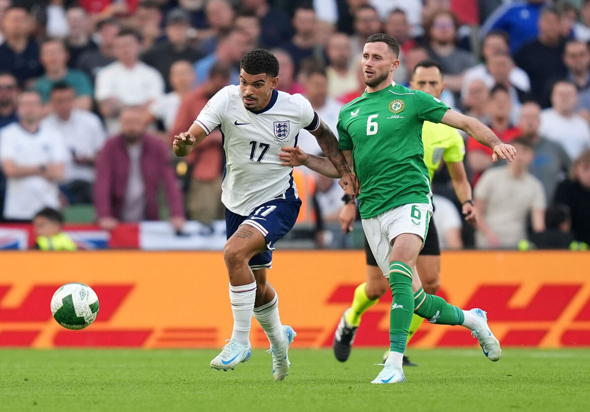 England's Morgan Gibbs-White battles with Republic of Ireland's Alan Browne during the UEFA Nations League Group F match at Aviva Stadium, Dublin. England's Morgan Gibbs-White battles with Republic of Ireland's Alan Browne during the UEFA Nations League Group F match at Aviva Stadium, Dublin.