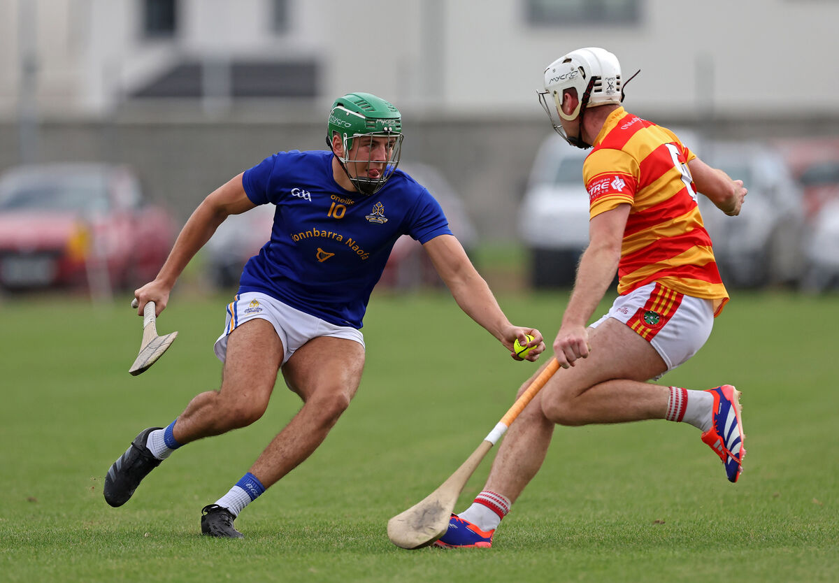 St Finbarr's Ben Cunningham takes on Luke Meade of Newcestown. Picture: Jim Coughlan St Finbarr's Ben Cunningham takes on Luke Meade of Newcestown. Picture: Jim Coughlan