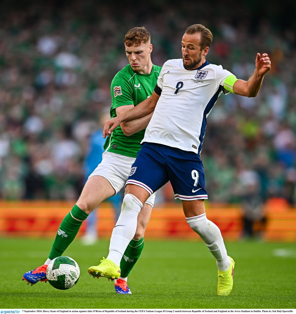 Harry Kane of England in action against Jake O'Brien. Picture: Seb Daly/Sportsfile Harry Kane of England in action against Jake O'Brien. Picture: Seb Daly/Sportsfile
