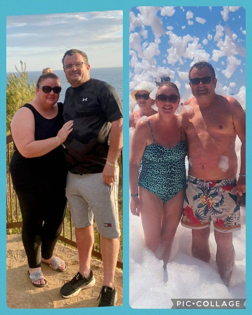 Sinead Leahy, with husband Dave. Before and after her weight loss.