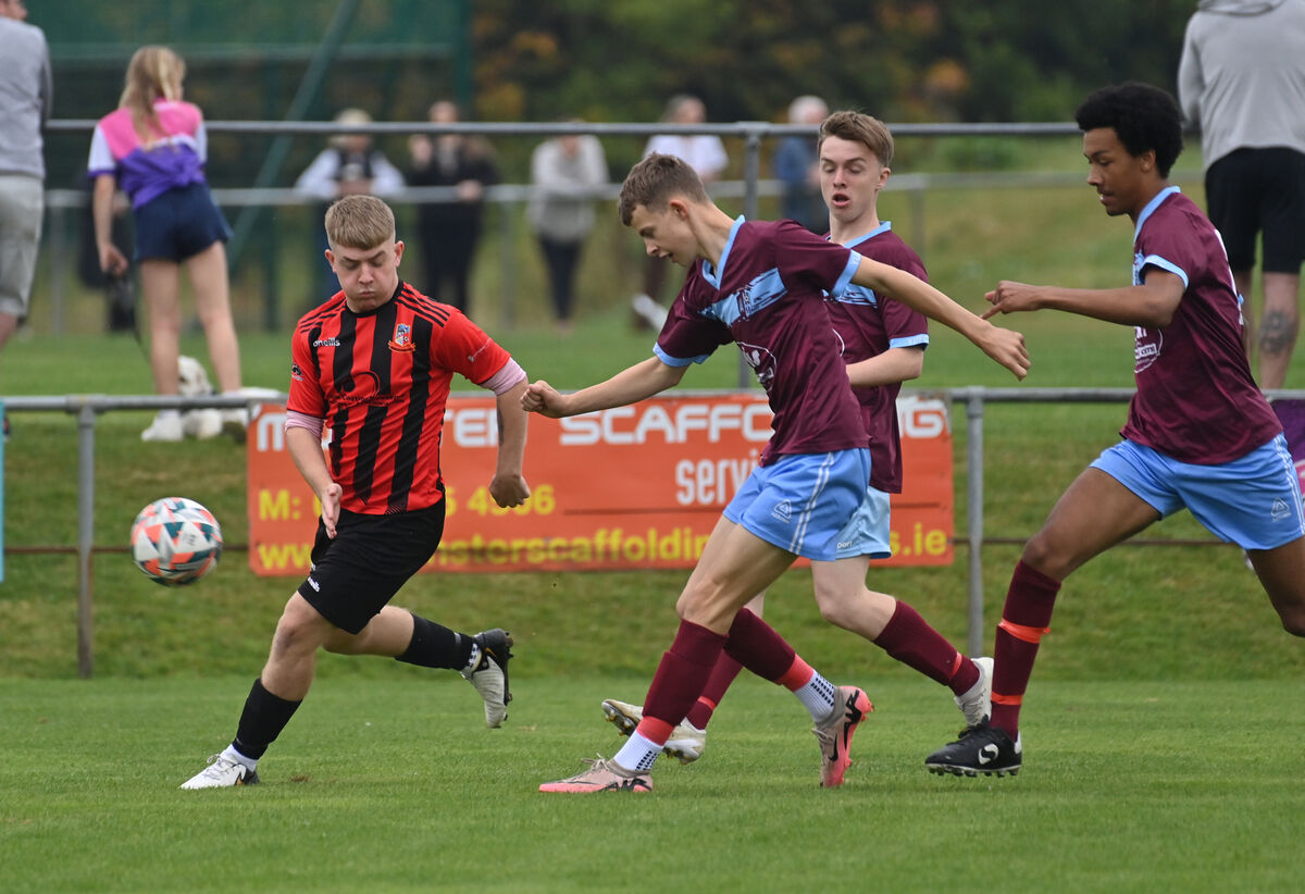  Adam O'Callaghan, Ringmahon Rangers and Eoin Kennedy, Youghal United battle for possession in their Daly Industrial Youth League at Ringmahon Park, Cork. Picture Dan Linehan