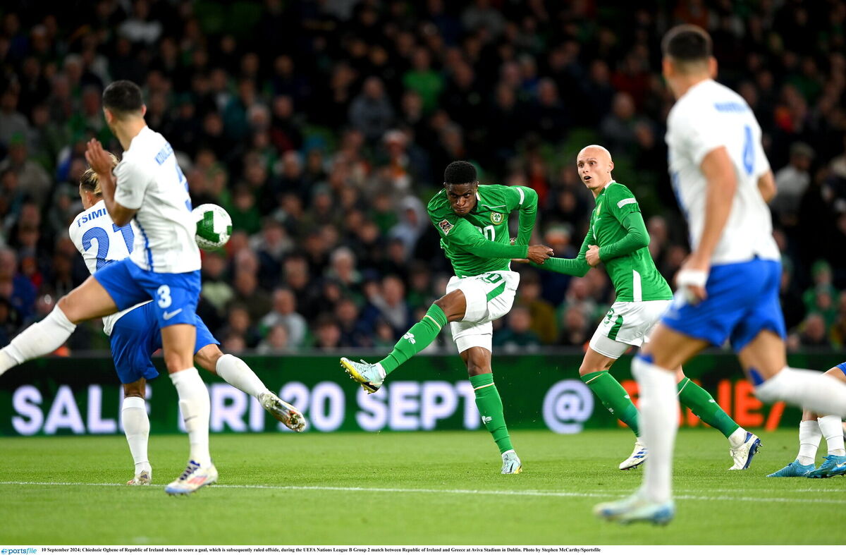 Chiedozie Ogbene of Republic of Ireland shoots to score a goal, which is subsequently ruled offside, during the UEFA Nations League B Group 2 match between Republic of Ireland and Greece at Aviva Stadium in Dublin. Photo by Stephen McCarthy/Sportsfile Chiedozie Ogbene of Republic of Ireland shoots to score a goal, which is subsequently ruled offside, during the UEFA Nations League B Group 2 match between Republic of Ireland and Greece at Aviva Stadium in Dublin. Photo by Stephen McCarthy/Sportsfile
