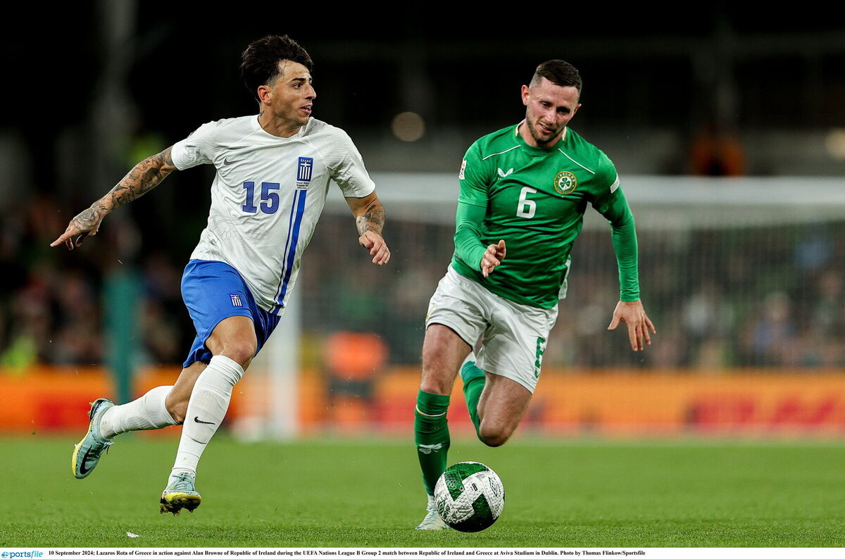 Lazaros Rota of Greece in action against Alan Browne of Republic of Ireland during the UEFA Nations League B Group 2 match between Republic of Ireland and Greece at Aviva Stadium in Dublin. Photo by Thomas Flinkow/Sportsfile Lazaros Rota of Greece in action against Alan Browne of Republic of Ireland during the UEFA Nations League B Group 2 match between Republic of Ireland and Greece at Aviva Stadium in Dublin. Photo by Thomas Flinkow/Sportsfile