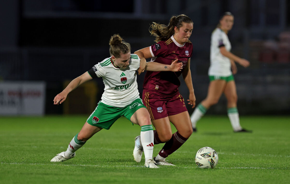 Rebekah Cassin, Cork City, Amanda Smith, Galway. SSE Airtricity Women's Premier Division 2024, Cork City V's Galway, at Turners Cross, Cork. Rebekah Cassin, Cork City, Amanda Smith, Galway. SSE Airtricity Women's Premier Division 2024, Cork City V's Galway, at Turners Cross, Cork.