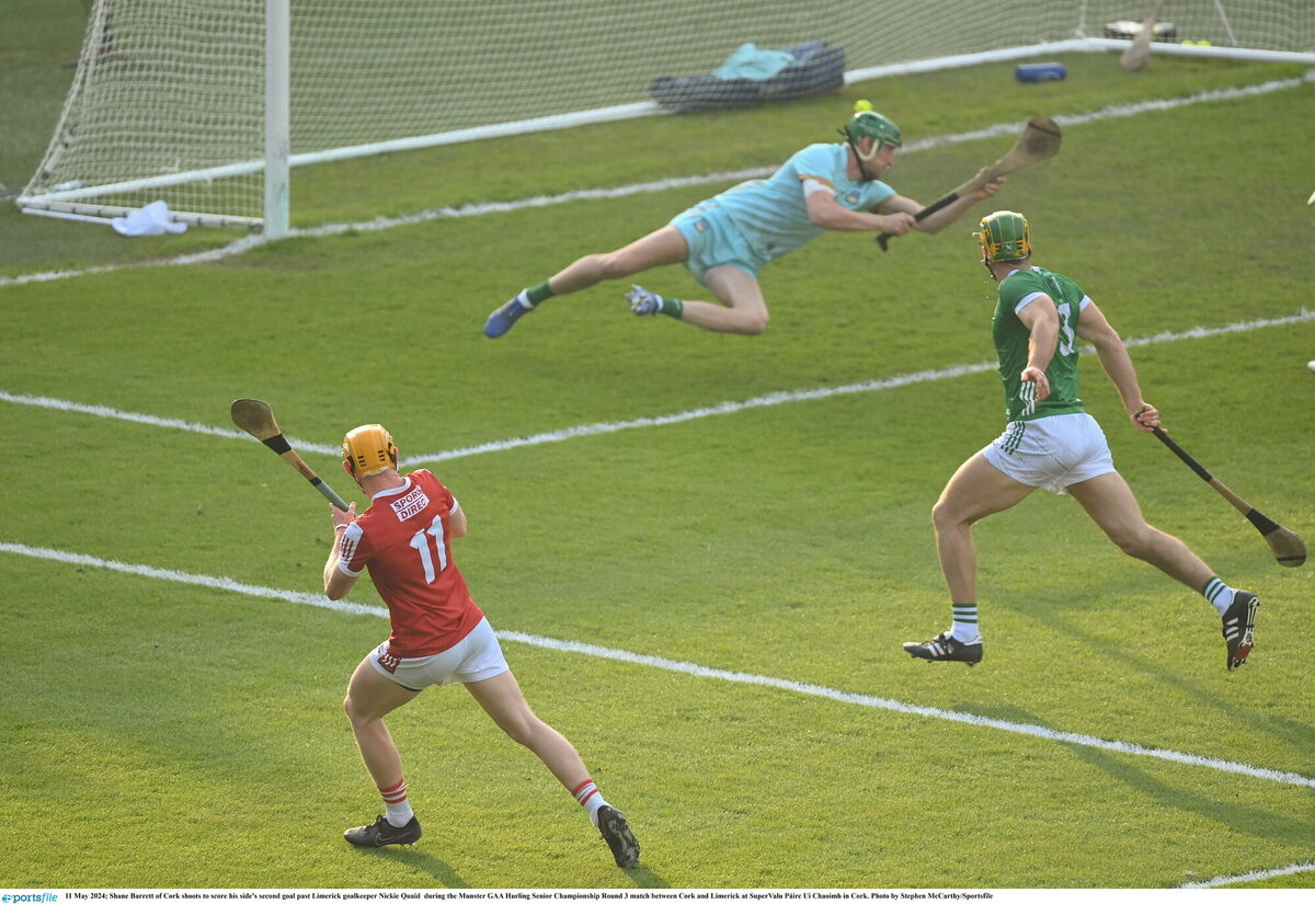 Cork's Shane Barrett shoots to score his side's second goal past Limerick goalkeeper Nickie Quaid during their Munster Championship clash at SuperValu Páirc Uí Chaoimh in May. Picture: Stephen McCarthy/Sportsfile