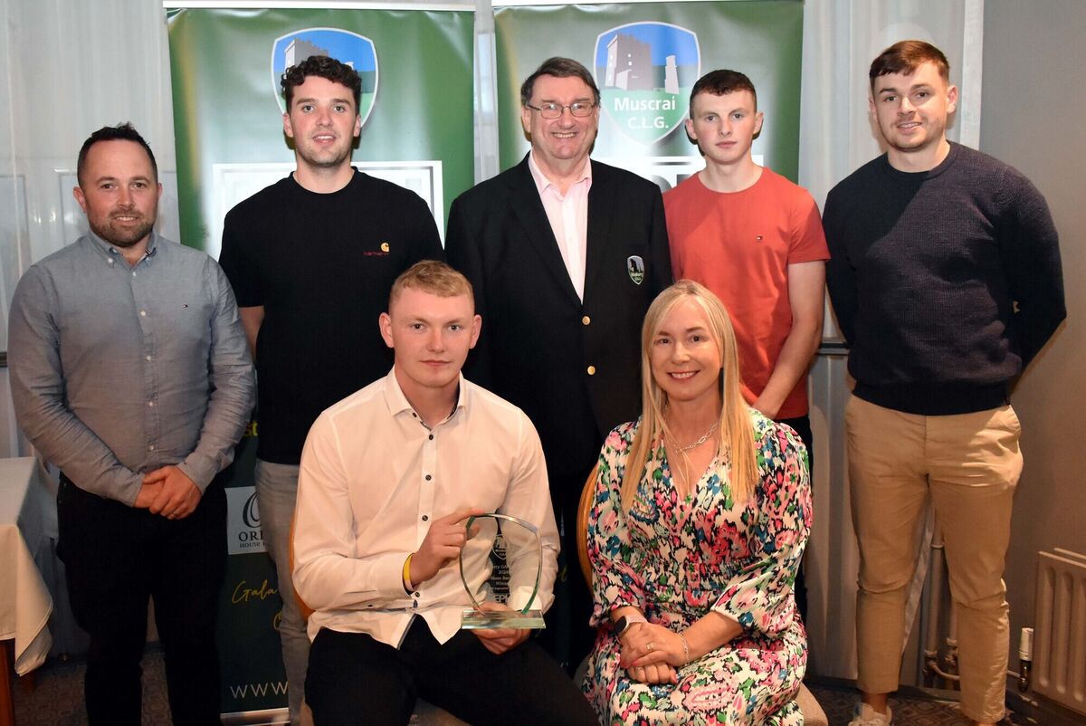 Marie Casey, EPH Controls, presenting the EPH Controls/Muskerry GAA sports award to Shane Barrett of Blarney. Included are Stephen O'Brien, Pádraig Power, Cian Barrett and Mark Coleman, all Blarney, with John Feeney, chairman of the Muskerry GAA Division. Picture: Mike English