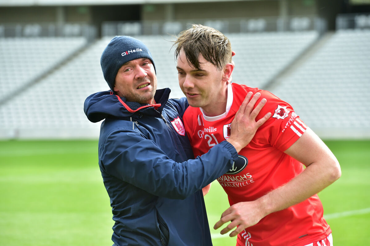 Charleville manager Claude Gough with Jack Barry after their victory over Fr O’Neill’s in the SAHC final in 2020. Gough is coaching Mallow this year. Picture: Dan Linehan Charleville manager Claude Gough with Jack Barry after their victory over Fr O’Neill’s in the SAHC final in 2020. Gough is coaching Mallow this year. Picture: Dan Linehan
