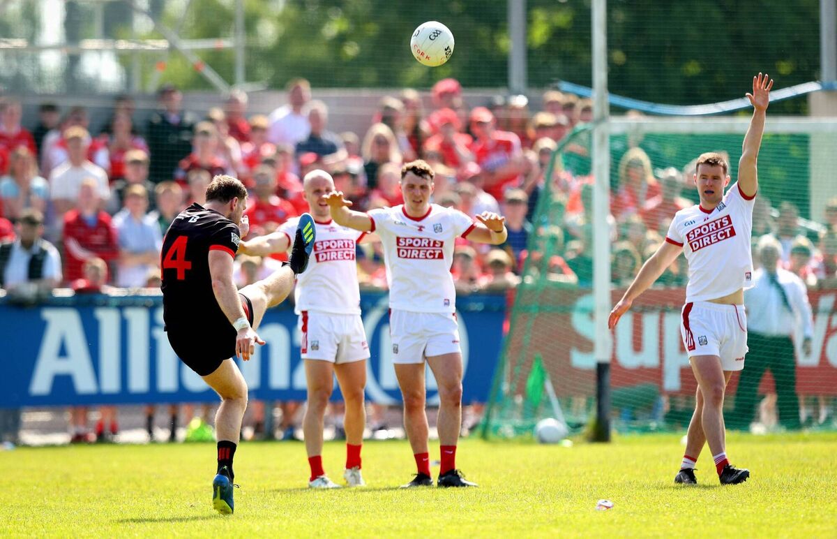 Louth’s Sam Mulroy scores a free against Cork which proved to be the winner. Picture: INPHO/Ryan Byrne