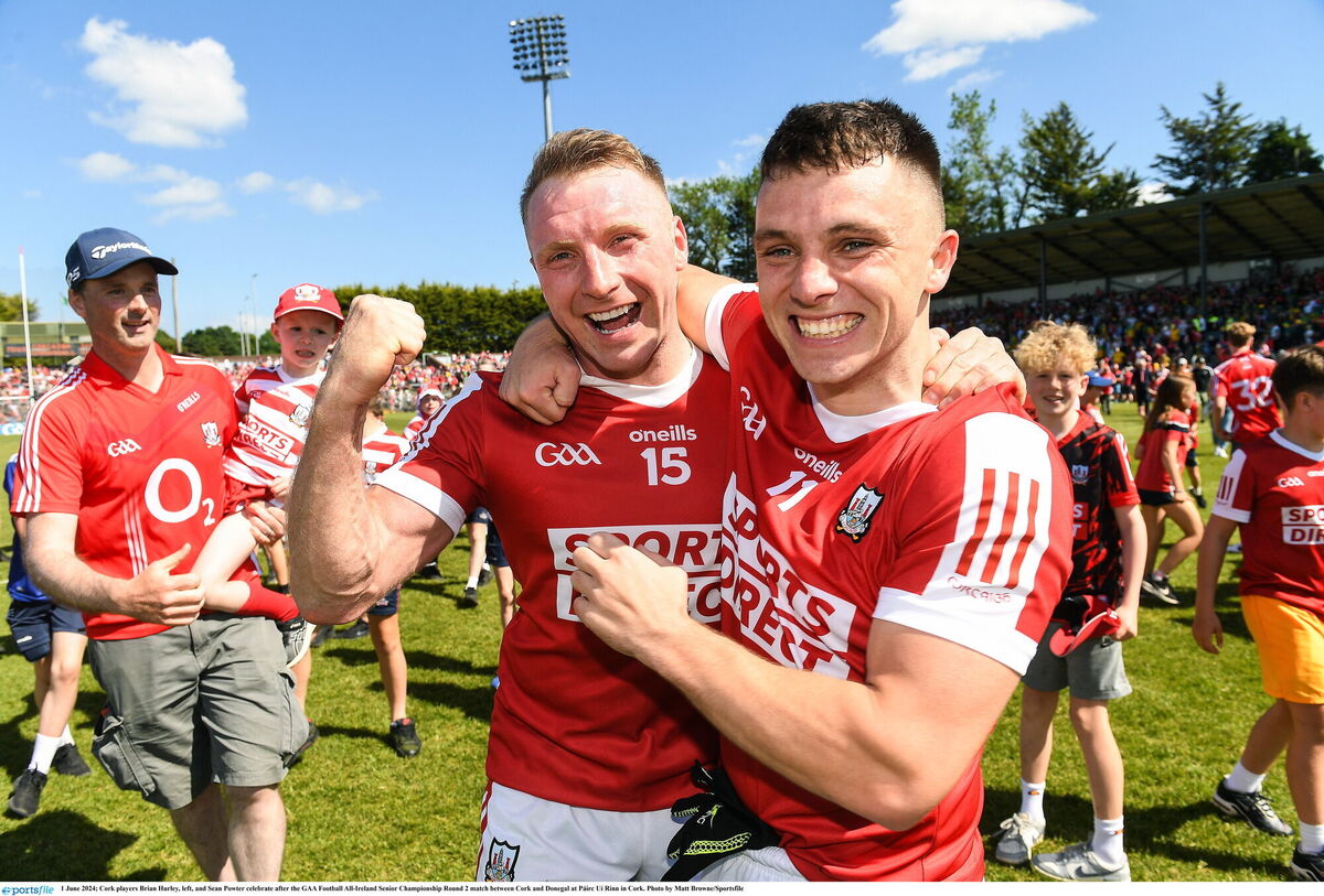 Cork players Brian Hurley and Seán Powter celebrate after the win over Donegal this year. Picture: Matt Browne/Sportsfile