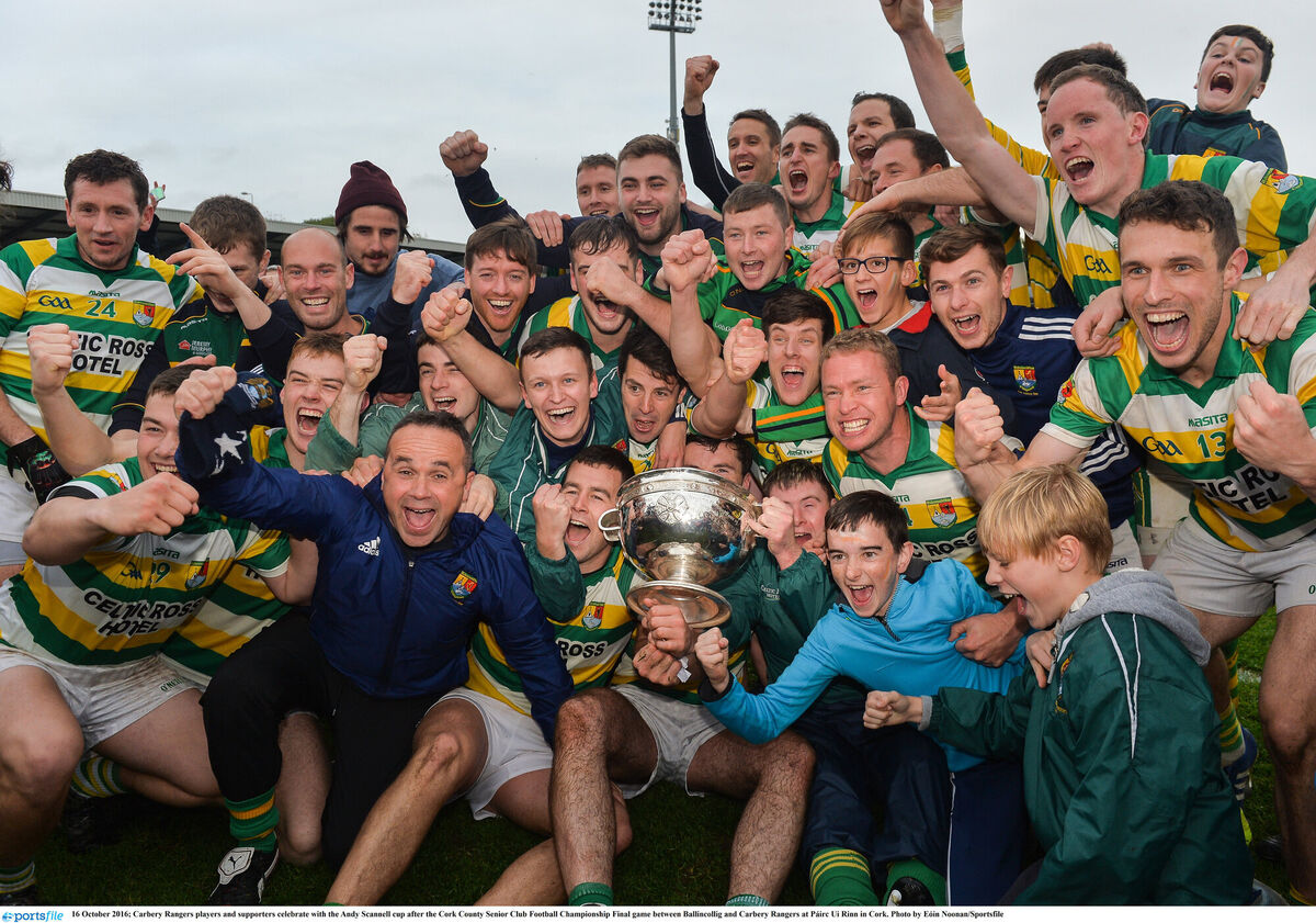 Carbery Rangers players and supporters celebrate with the Andy Scannell Cup after winning the Cork SFC in 2016. Picture: Eóin Noonan/Sportsfile Carbery Rangers players and supporters celebrate with the Andy Scannell Cup after winning the Cork SFC in 2016. Picture: Eóin Noonan/Sportsfile