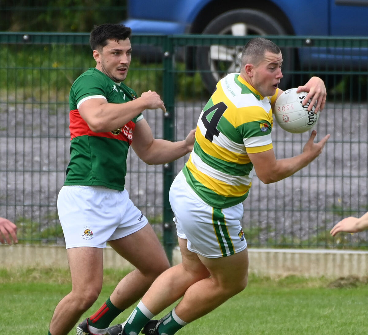 Carbery Rangers' Mark Hodnett wins the ball from Clonakilty's Killian Eady during the McCarthy Insurance Group Cork Premier SFC at Dunmanway. Picture: Eddie O'Hare