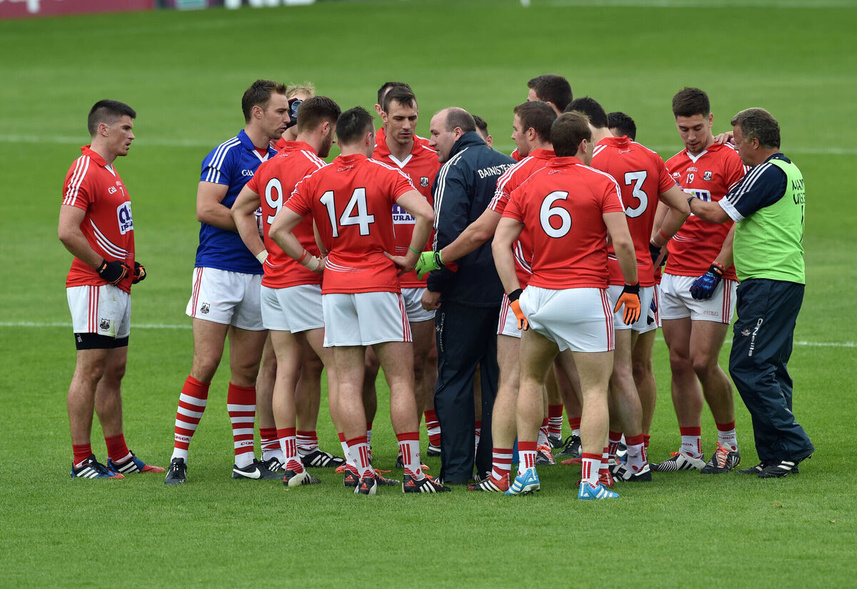 Cork manager Brian Cuthbert speaking to his players in 2015 in Thurles. Picture: Eddie O'Hare