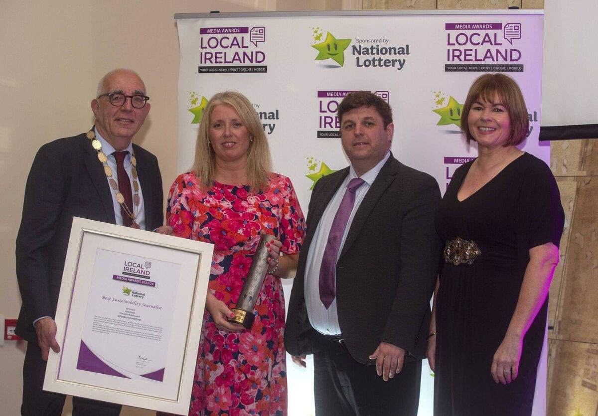 President of Local Ireland and the head of Irish Times Regionals Dan Linehan with Elaine Duggan deputy features editor of The Echo/Echolive.ie accepting Best Sustainability Journalist award on behalf of Kate Ryan, with CEO of the National Lottery Cian Murphy and chair of the judging panel and broadcaster and journalist Alison O'Connor.